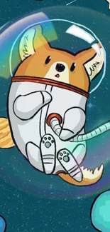 Cartoon dog in spacesuit floating in space with planets.