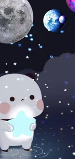 Cute cartoon panda holding a glowing star in a whimsical space scene with planets.