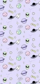 Cute pastel space wallpaper with UFOs and aliens on lavender.