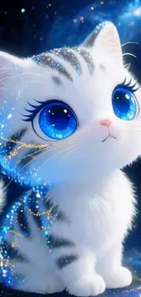 Adorable cat with sparkling blue eyes in fantasy setting wallpaper.