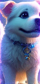 Cute sparkling puppy with a galaxy effect on a vibrant wallpaper.