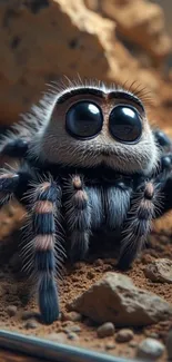 Cute fuzzy spider with large eyes close-up wallpaper.