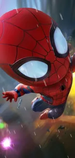 Cute Spider Hero swings through action-packed scene.