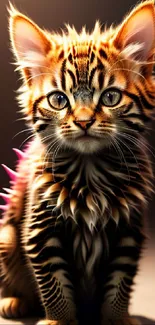 Cute kitten with spiky fur and vivid colors on a wallpaper.