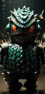 Spiky green monster with orange eyes in artistic fantasy armor.