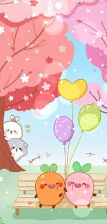 Cute characters with balloons under cherry blossom trees.