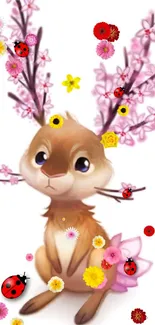 Cute bunny with flowers and ladybugs on a white background.