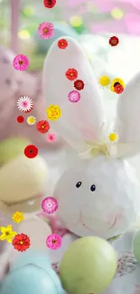 Cute bunny with colorful flowers and Easter eggs in pastel hues.