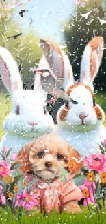 Cute puppy and rabbits in a spring flower garden wallpaper.