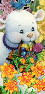 Cute cartoon animal with yellow flowers in spring theme.