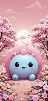 Cute pastel character in spring blossom landscape wallpaper.