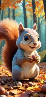 Cute squirrel in autumn forest with acorns.