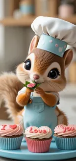 Cute squirrel dressed as a baker with cupcakes.