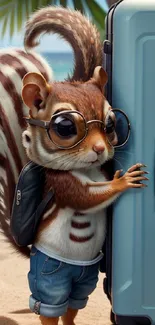 Adorable squirrel with glasses and suitcase on a tropical beach scene as wallpaper.