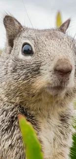 Close-up of a cute squirrel among green leaves.