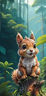 Illustrated cute squirrel in a lush green forest setting.