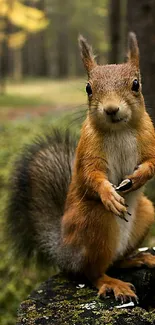 Adorable squirrel perched on forest stump, holding a seed.