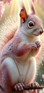 Cute squirrel amid pink cherry blossoms