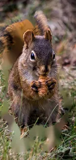 Squirrel holding a pine cone in a grassy forest setting.