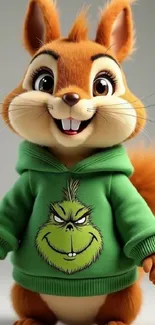 Cartoon squirrel wearing green hoodie with Grinch design.