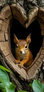 A cute squirrel in a heart-shaped tree hole.