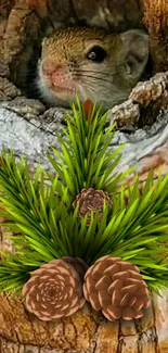 Cute squirrel peeking from a tree hollow with pine cones.