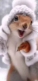 Squirrel wearing a cozy winter coat and hat.