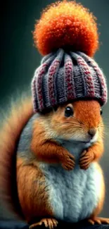 Cute squirrel wearing a winter hat, perfect for a mobile wallpaper.