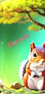 Kawaii squirrel under a bonsai tree in a vibrant, nature-themed wallpaper.