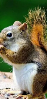 Cute squirrel on a tree stump with green background.