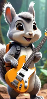 Cute squirrel with a guitar in a forest setting.