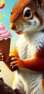 Cute squirrel holding ice cream cone