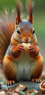 Adorable squirrel holding a nut in a vibrant natural setting.