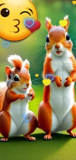 Two cute squirrels with a kiss emoji on a green background.