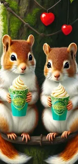 Two cute squirrels holding ice cream in a vibrant forest setting.