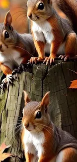 Three squirrels on a tree stump with autumn leaves.