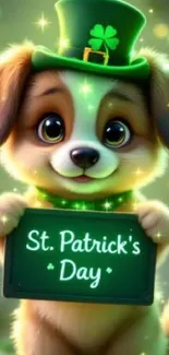 Cute puppy with St. Patrick's Day hat and sign, festive theme.