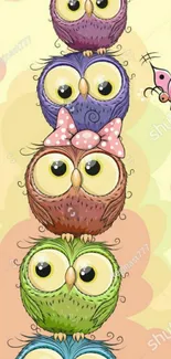 Stacked cartoon owls with bright colors and bows on a yellow background.