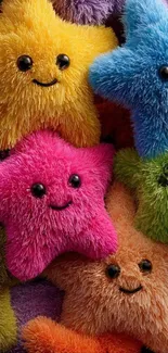 Colorful plush star toys with smiling faces in vibrant hues.