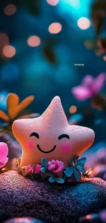 Cute star toy surrounded by vibrant flowers.