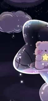 Cute teddy bear holding a star in starry night sky wallpaper.