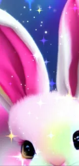 Cute bunny with pink ears and stars on a colorful background.