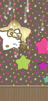 Cute cartoon star wallpaper with colorful polka dots.