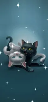 Cute cats playing on a blue background with stars.