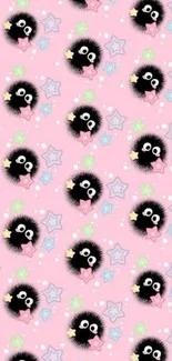 Cute pink wallpaper with starry-eyed creatures and colorful stars.