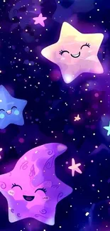 Cute cartoon stars on a vibrant cosmic purple background