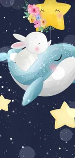 Cute whale and bunny under starry sky wallpaper.