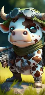 Cute steampunk cow with goggles and gear on grassy adventure.