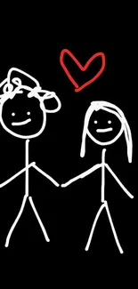 Cute stick figure couple holding hands with a red heart on a black background.