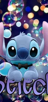 Cute Stitch with bubbles and vibrant background.